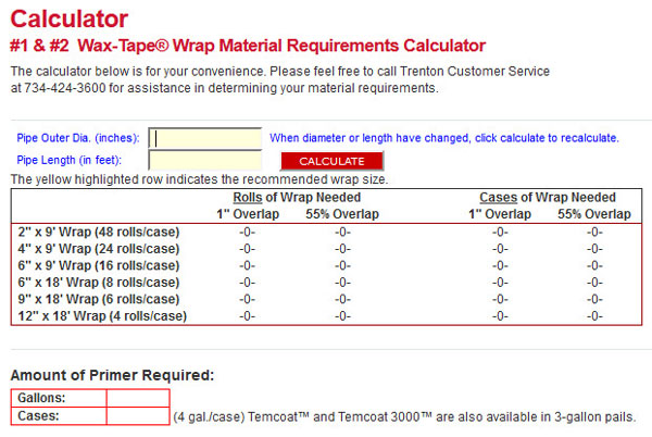 Trenton Wax-Tape Calculator | Material Requirements
